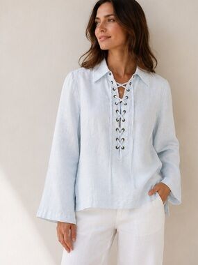 Banana Republic Light Blue Lace-Up Linen Blend Blouse
